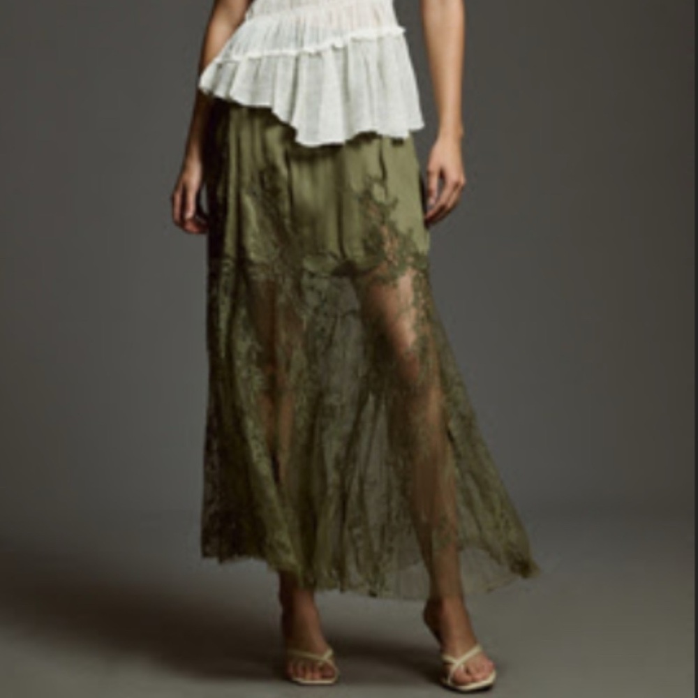 ANTHROPOLOGIE SATIN LACE SLIP SKIRT- Moss Green, Plus Size